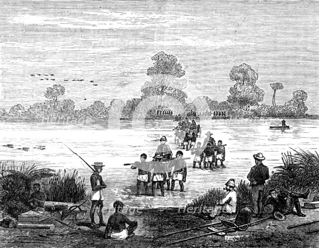 Sketches in Madagascar: crossing the Mourondava River, near Mohabo, 1881. Creator: Unknown.