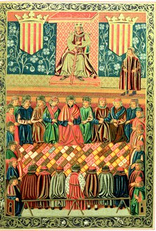 King James I the Conqueror presiding the Courts of Lleida in March 1242. Miniature in the 'Consti…