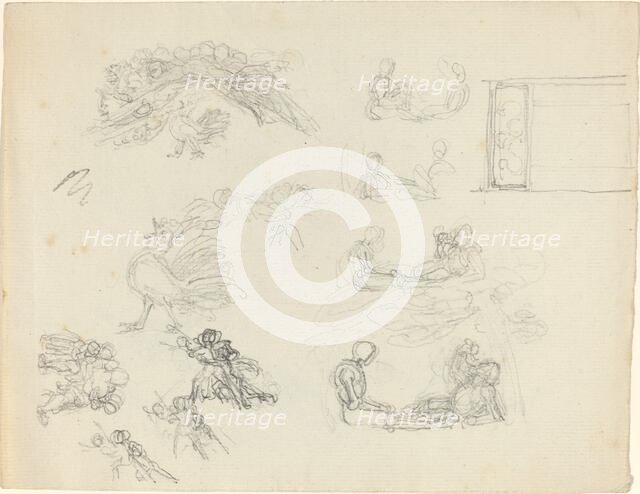 Studies of Crowing Rooster and Reclining Figures [recto and verso], late 18th/early 19th century. Creator: John Flaxman.
