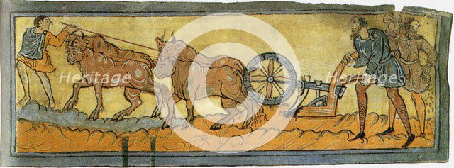 Peasants ploughing (Miniature from the Cotton MS Tiberius), 11th century. Artist: Anonymous  