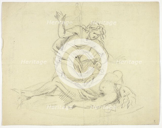 Pyramus and Thisbe (recto); Three Male Figures with Mausoleum Floor Plan (verso)..., 19th... Creator: Thomas Banks.