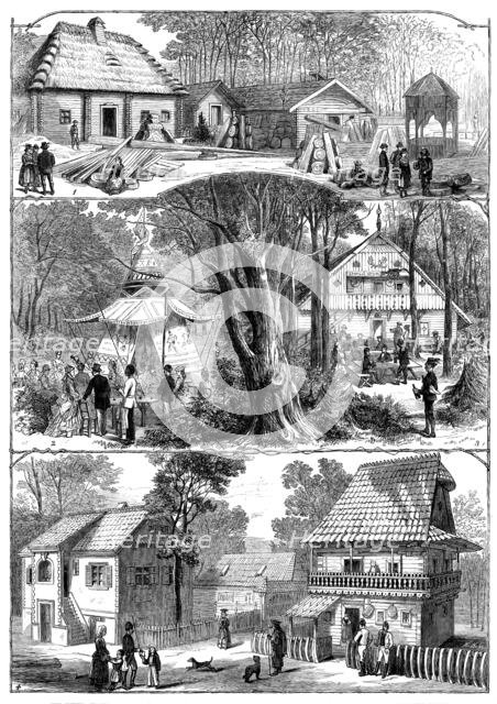 The Vienna Exhibition: 1. Styrian Alpine Hut. 2. Indian Wigwam. 3. Styrian Winehouse..., 1873. Creator: Unknown.