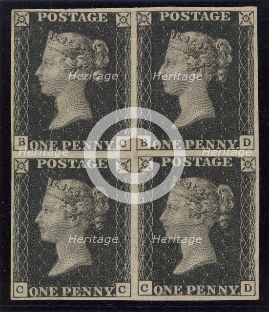 Unused block of four "Penny Black" postage stamps of Queen Victoria, issued ..., issued May 6, 1840. Creator: Unknown.