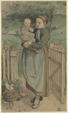Farm girl standing by a wooden trellis with a child in her arms, c1860s. Creator: Hans Thoma.