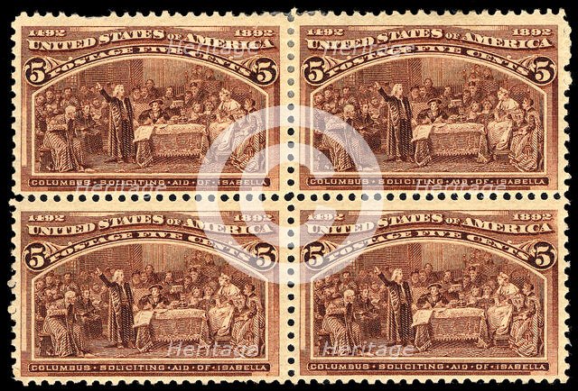 5c Columbus Soliciting Aid from Queen Isabella block of four, 1893. Creator: Unknown.