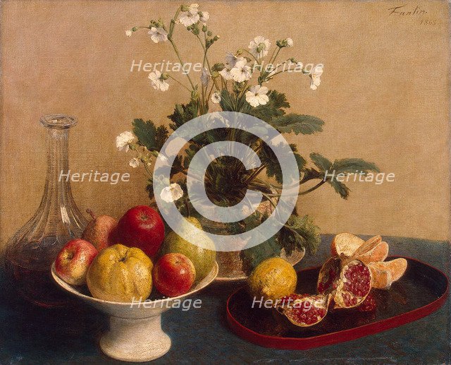 Flowers, Dish with Fruit and Carafe', 1865. Creator: Fantin-Latour, Henri (1836-1904).