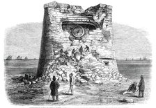 Destruction of the Martello Tower, Eastbourne, Sussex, by Sir W. Armstrong's guns, at a..., 1860. Creator: Unknown.