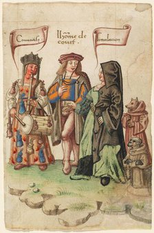 A Courtier Standing Between Covetousness and Dissimulation [fol. 14 recto], 1512/1514. Creator: Unknown.