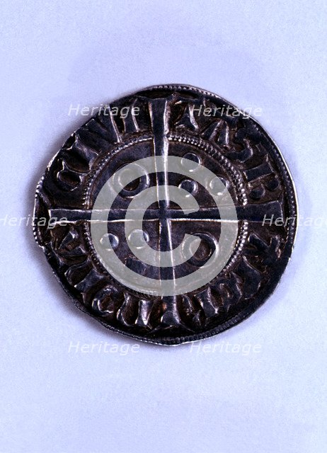 Reverse of a one-cruzado coin in silver, from the reign of Peter III, The Ceremonious (1319-1387)…