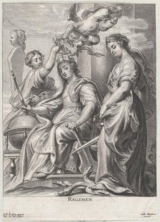 Allegory of Good Government, seated at center and being crowned by a putto and a wo..., ca. 1640-74. Creator: Pieter de Jode II.