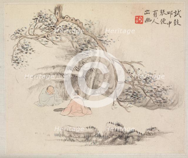 Album of Landscape Paintings Illustrating Old Poems: Two Figures Outside..., 1700s. Creator: Hua Yan (Chinese, 1682-about 1765).