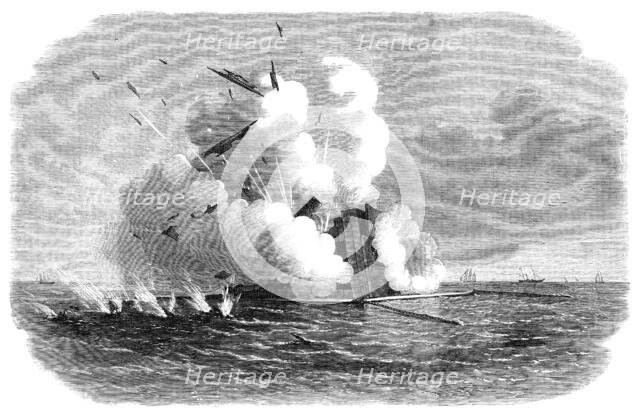 Experiments with the Armstrong 600-pounder against the Warrior floating target, 1864. Creator: Unknown.
