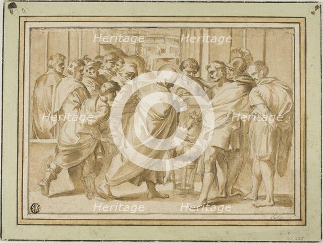 Scene from Roman History, with Draped Figure Presenting Book to Ruler, n.d. Creator: Unknown.