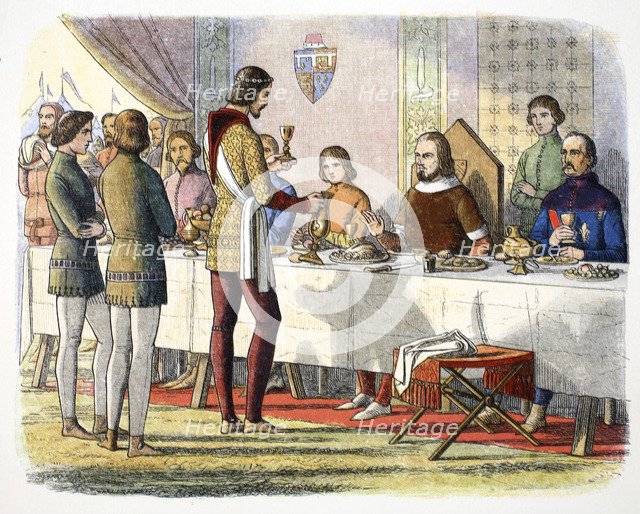 Prince Edward serves John of Artois at table after having defeated him at Poitiers, 1356 (1864). Artist: James William Edmund Doyle