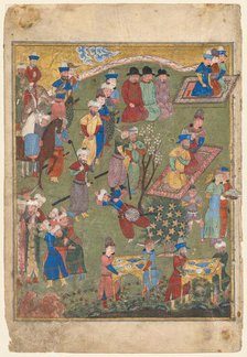 Royal Feast in a Garden (recto) from the double-page frontispiece of a Shahnama..., 1444. Creator: Unknown.