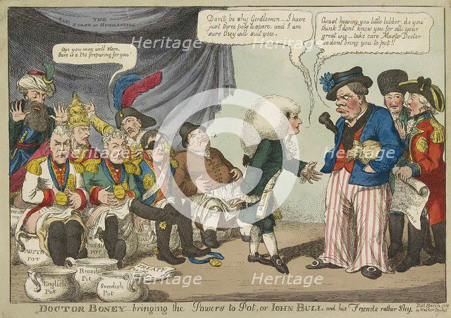 Doctor Boney_bringing the Powers to Pot ..., 1808 (hand coloured engraving). Creator: English School (19th Century).