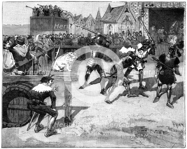 Four blind men placed in a ring to fight a large pig, c14th-15th century (1882-1884).Artist: Spex