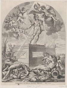 Plate 1: Ferdinand as Mars, standing on a pedestal; from Guillielmus Becanus's 'Serenissim..., 1636. Creator: Pieter de Jode II.