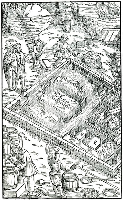 Producing salt by evaporating sea water in salt pans, 1556. Artist: Unknown