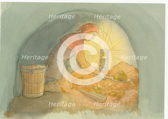 A medieval gongfermour, or gong farmer, at work, 2004. Creator: Judith Dobie.