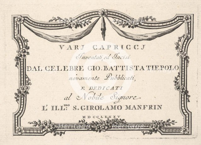 Title page, from Varj Carpiccj, 1785. Creator: Giovanni Battista Tiepolo.