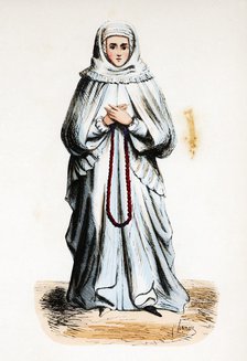 German woman from the Middle Ages, colored engraving.