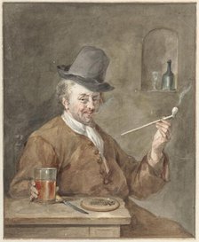 Man smoking a pipe at a table with a plate, a knife and a glass, 1778. Creator: Aert Schouman.
