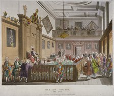 Interior view of the College of Arms' Hall with figures engaged in discussion, City of London, 1808. Artist: Augustus Charles Pugin