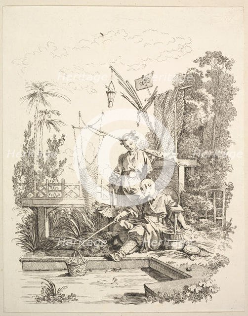 A Chinese Man and Woman Fishing by a Fishpond, 18th century. Creator: Gabriel Huquier.