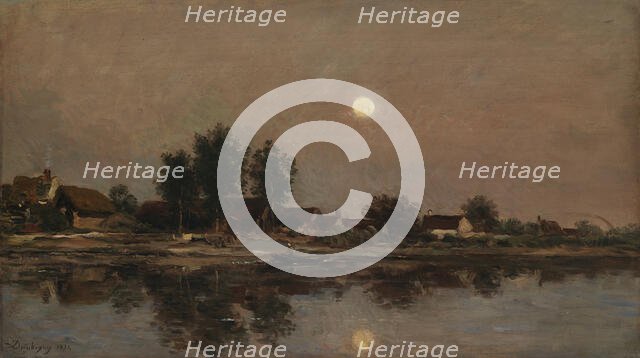 The Rising Moon on the River Bank; Village by the Light of the Moon, 1874. Creator: Charles Francois Daubigny.