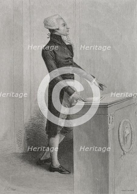 French Revolution: Portrait of Robespierre speaking in Convention, 1876.  Creator: Adolphe François Pannemaker.