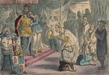 Queen Philippa interceding with Edward III for the Six Burgesses of Calais, 1850. Artist: John Leech