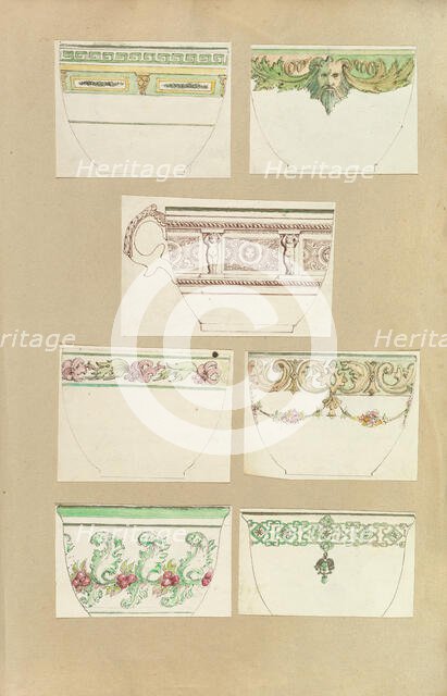 Seven Designs for Decorated Cups, 1845-55. Creator: Alfred Crowquill.