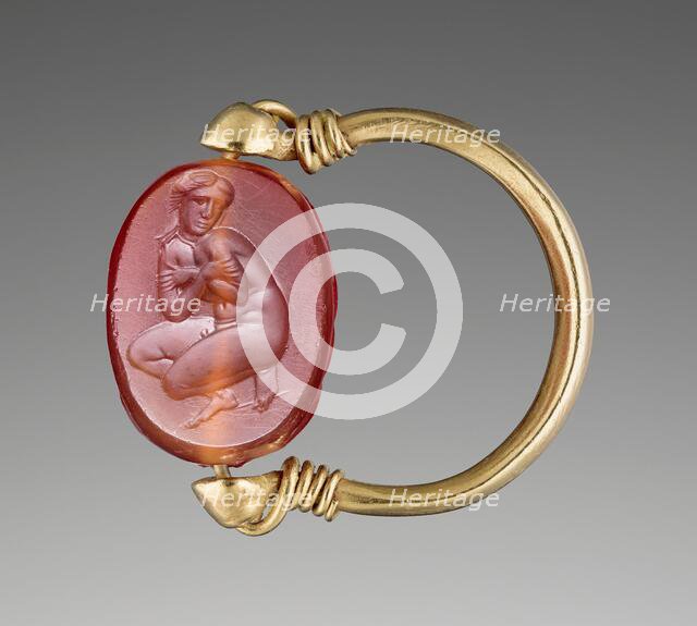 Engraved Scarab with Aphrodite Bathing in a Gold Swivel Ring, about 350 BC. Creator: Unknown.