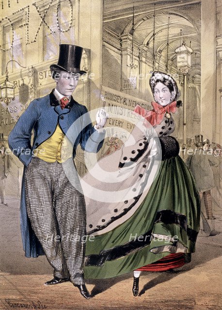 A lady and a gentleman by the entrance to the Oxford Music Hall, Oxford St, Westminster, c1860. Artist: Concanen & Lee