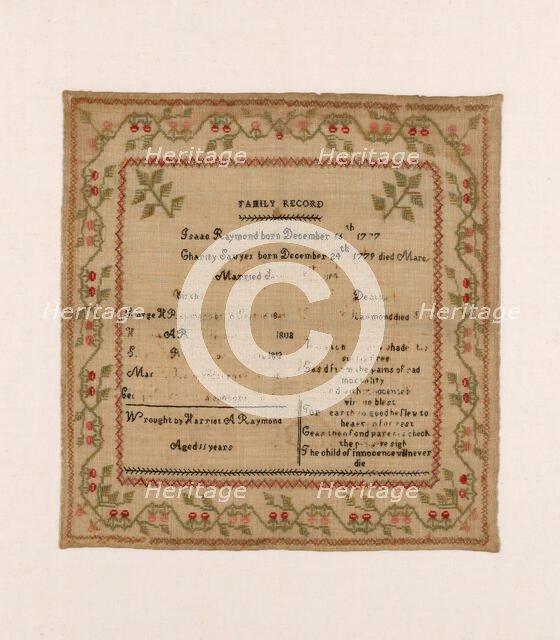 Sampler, United States, c. 1819. Creator: Harriot Augusta Raymond.