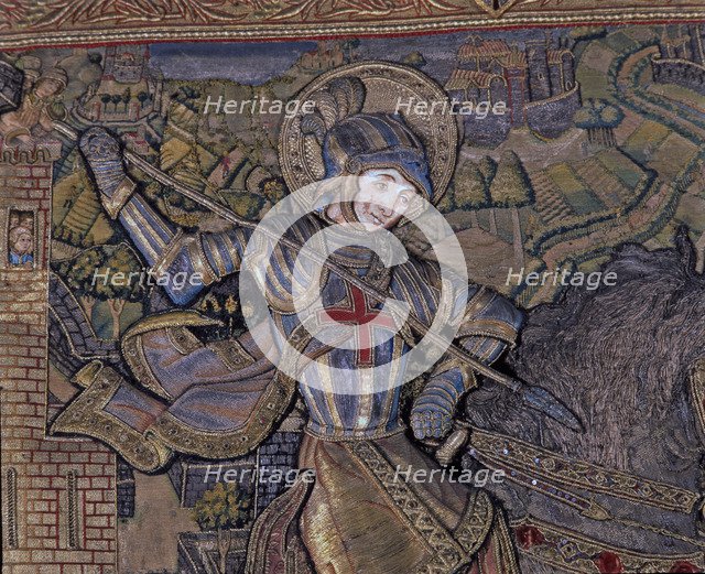 Frontal of Saint George, in linen embroidered fabric, year 1450-1451, detail of St. George.