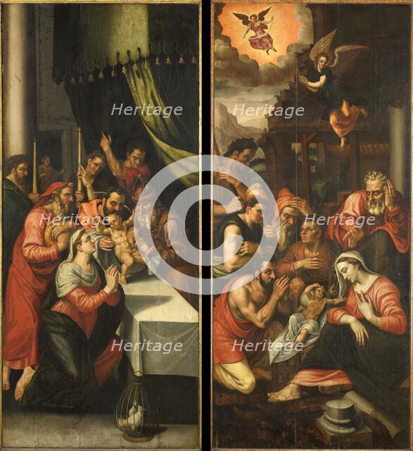 Altarpiece Wing with the Adoration of the Shepherds. On the outside are Six Kneeling Noblemen in Arm Creator: Anon.