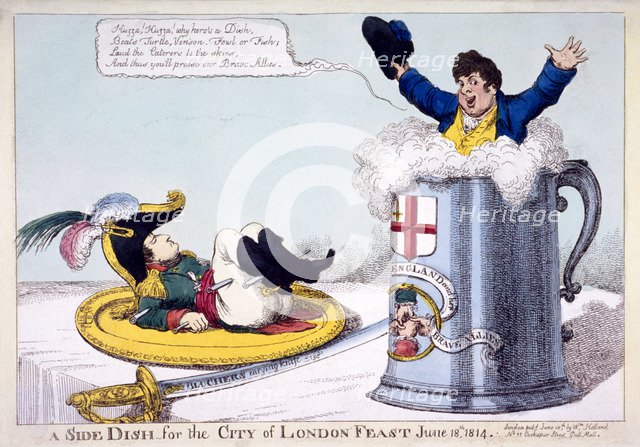 Napoleon on a plate ready to be carved, 1814. Artist: Anon