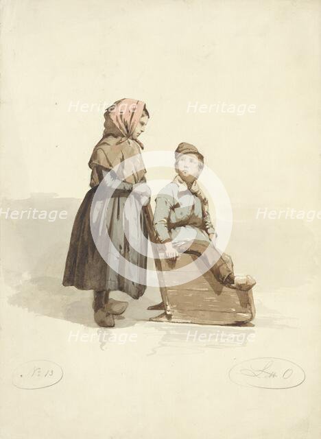 Girl pushes a boy into a sled, 1836-1915. Creator: Johannes Eugel Masurel.