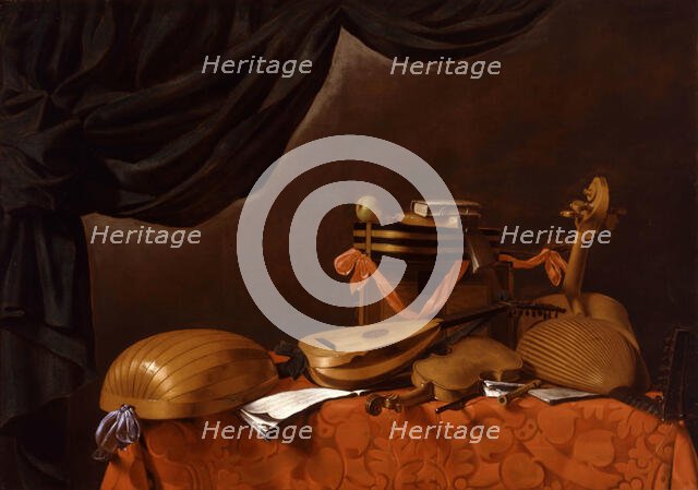 Musical instruments and green marquee, c. 1670. Creator: Baschenis, Evaristo (1617-1677).