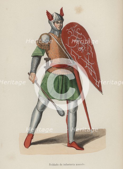 Armed infantryman, Italy, engraving, 1840.