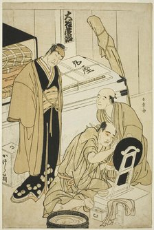 The Actor Otani Hiroji III in His Dressing Room Assisted by Otani Tokuji I (?) and Oberved..., c1783 Creator: Shunsho.