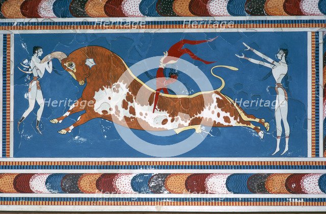 Reconstruction of the 'Bull-leaping' fresco from the Minoan Royal palace at Knossos. Artist: Unknown