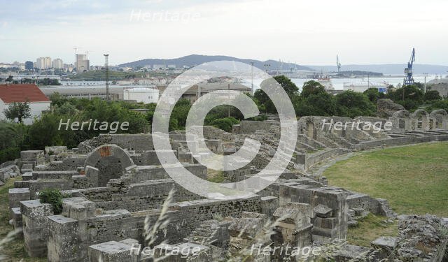 Partial view of the amphitheater ruins, ancient city of Salona, Solin, Croatia, 2018.  Creator: Unknown.