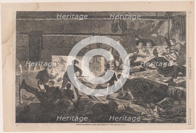 Winter Quarters in Camp - The Inside of a Hut (Harper's Weekly, Vol. VII), January 24, 1863. Creator: Unknown.