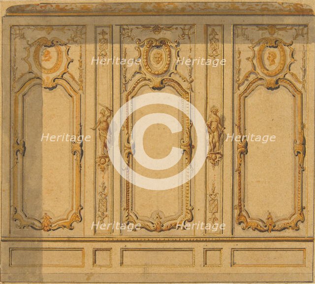 Elevation of an interior showing a wall decorated in ornate panels and mounted statuettes, 1830-97. Creators: Jules-Edmond-Charles Lachaise, Eugène-Pierre Gourdet.