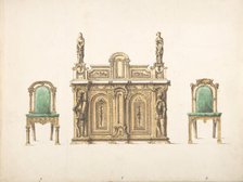 Design for Cabinet Ornamented with Carved Knights and Ladies, and Two Chairs, early 19th cent. Creator: Anon.