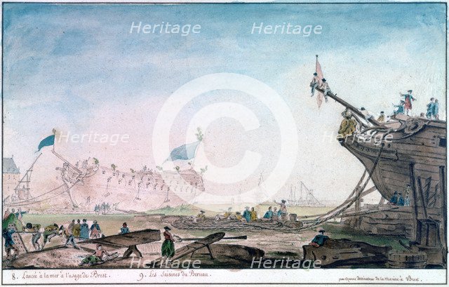'Launching a Ship at Brest', c1750-1810. Artist: Nicolas Marie Ozanne