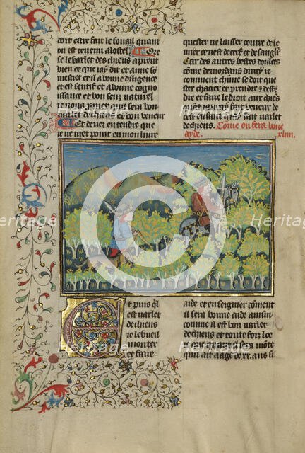 Two Hunters and a Dog; Livre de la Chasse, about 1430-1440. Creator: Unknown.